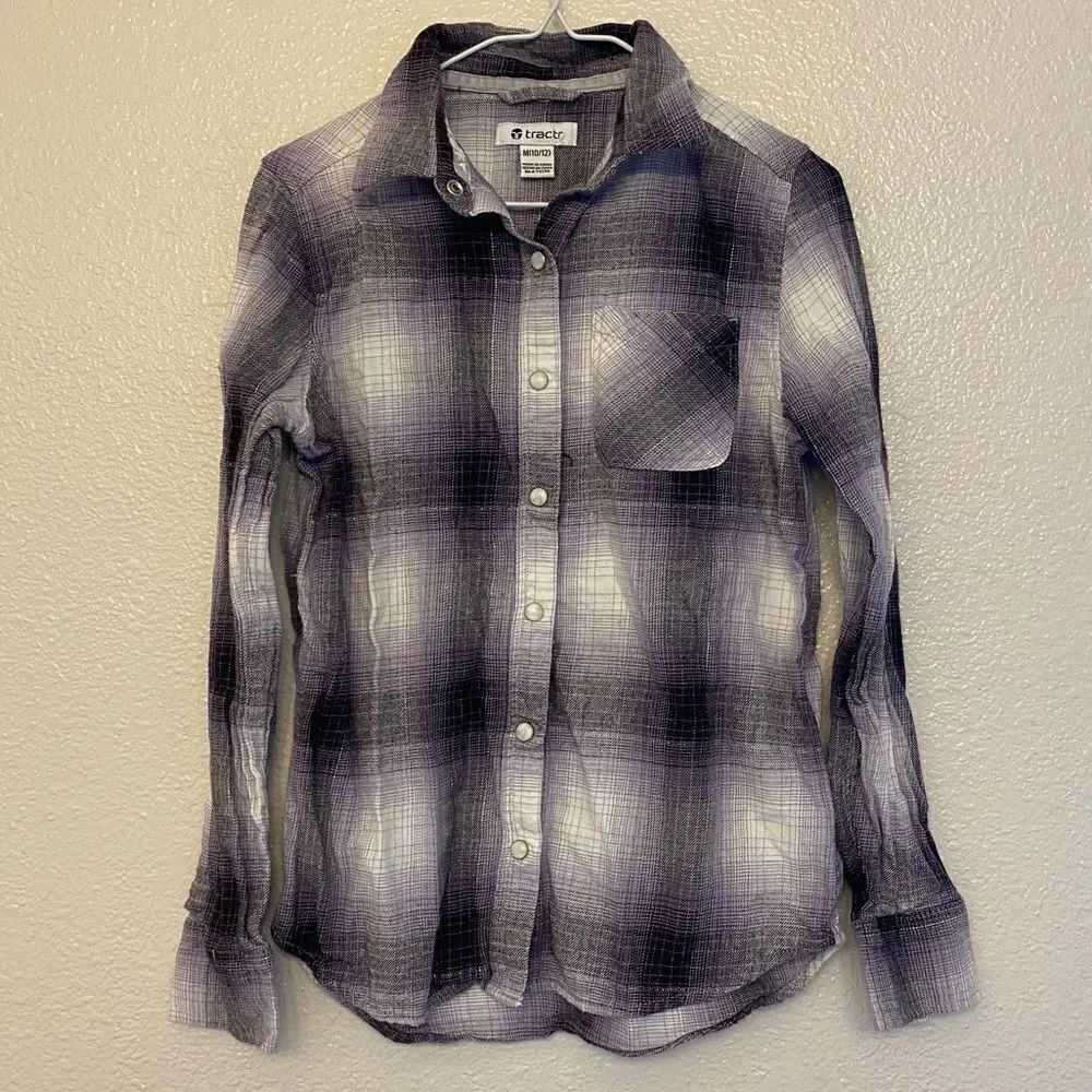 Tractr Kids girls lavender purple plaid Pearl snap long flannel shirt 10-12
